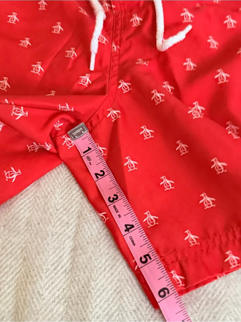 An original PENGUIN Men Swim Short Red Micro Penguin Logo Pattern 30W